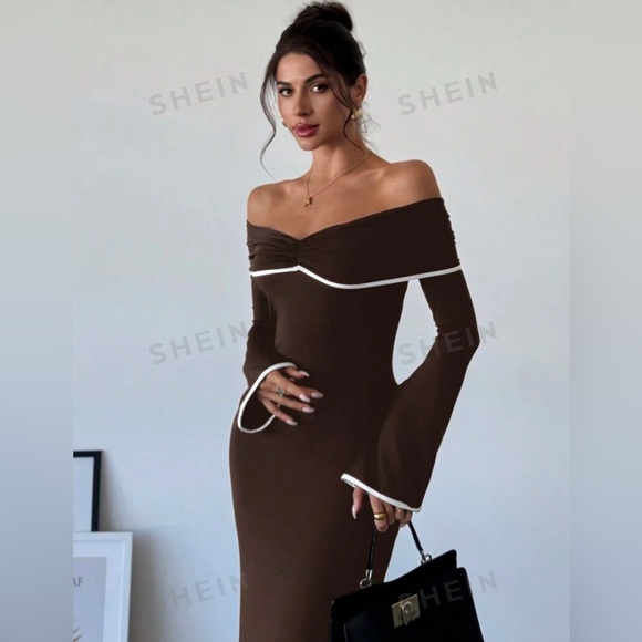 Firerie Women's Color Block Off Shoulder Fitted Mermaid Maxi Elegant Dress - Picture 4 of 6